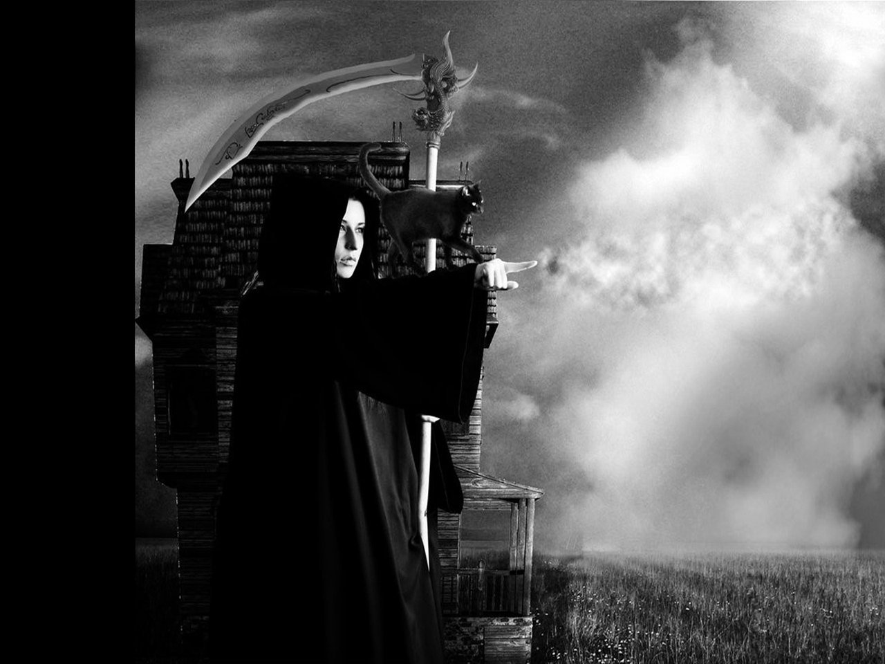 A dark, shadowy figure of the grim reaper stands solemnly with an outstretched hand, holding a large scythe against a cloudy, eerie backdrop.