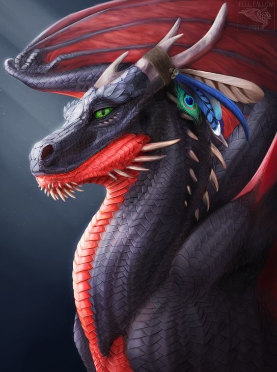 Fantasy dragon portrait: dark-scaled with red throat and underbelly, curved horns, vivid green eye, peacock-blue and cream decorative feathers, sharp teeth and textured scales.