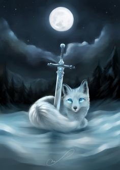Fantasy scene: a white fox with icy blue eyes curled around a glowing sword in a misty forest beneath a full moon.