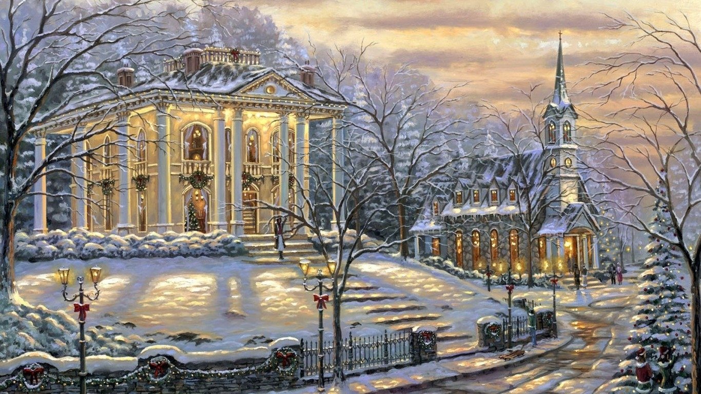 Download Christmas Snow Church Building Winter Town Artistic Painting Christmas Town Image
