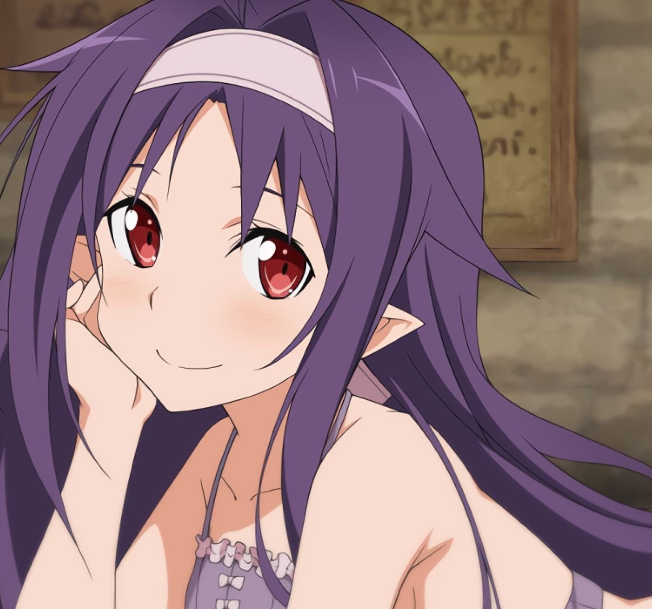 Anime character Yuuki Konno from Sword Art Online II with long purple hair and red eyes, smiling gently against a blurred indoor background.