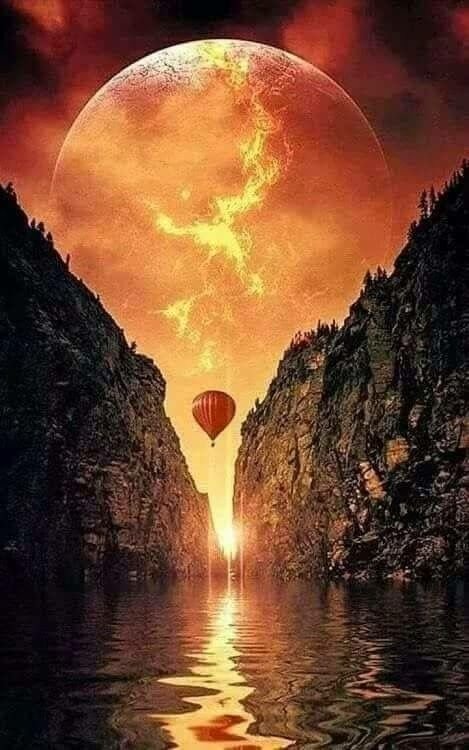 Fantasy scene with a massive glowing moon filling the sky above a narrow canyon, a lone hot-air balloon drifting over reflective water.