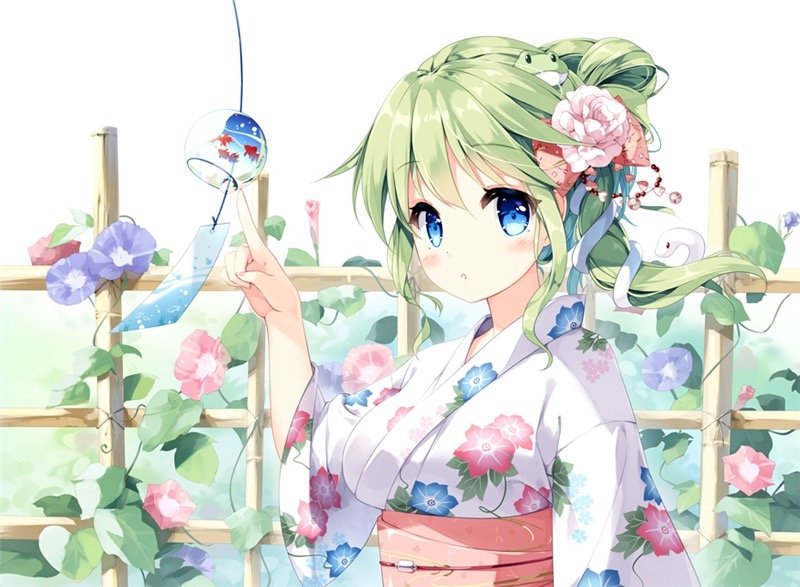 Anime-style Sanae Kochiya (Touhou) in a floral yukata, blue-eyed, holding a wind chime among morning glories and a bamboo trellis in a pastel summer scene.