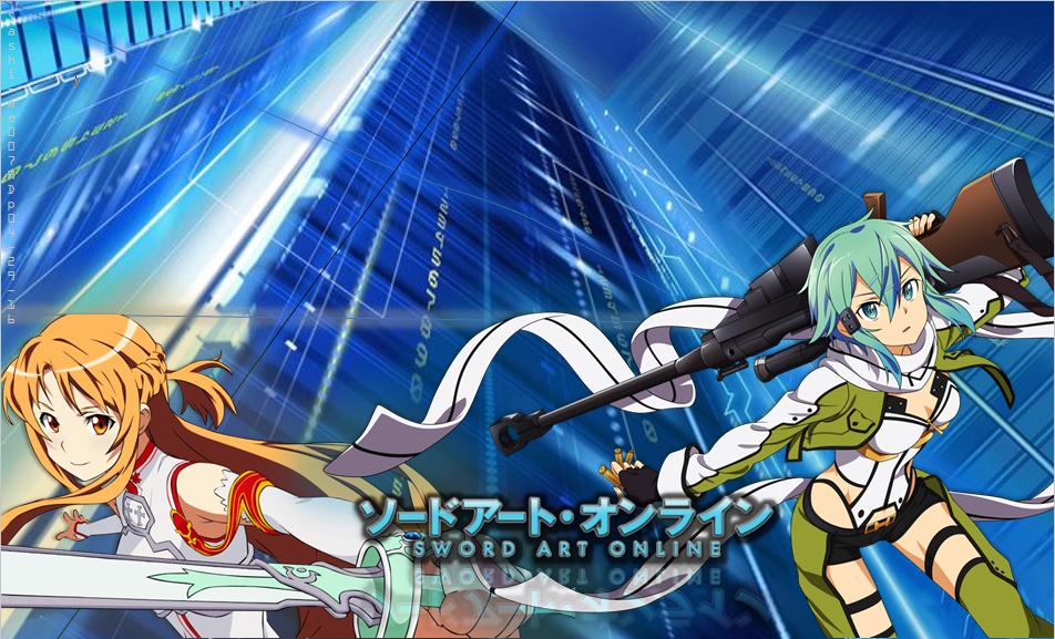 Shino Asada and Asuna Yuuki from Sword Art Online II in dynamic poses with futuristic city skyscrapers in the background.