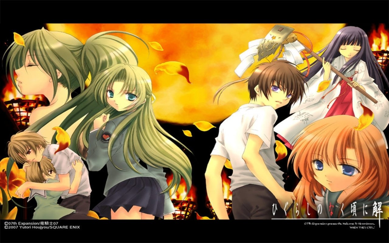 Higurashi When They Cry anime depiction: a tense ensemble of young characters with determined and worried expressions standing against a fiery, ominous village sky.