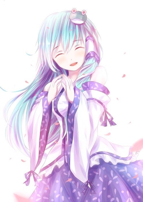 Sanae Kochiya from Touhou — anime-style portrait of a smiling shrine maiden with pastel aqua-purple hair, frog hair ornament, clasped hands, flowing robes and falling petals.