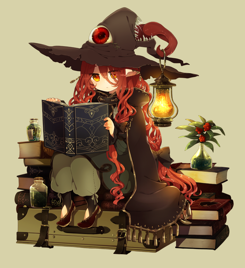 Anime girl with long red hair and a large witch hat sits on a stack of books, reading a magical tome by lantern light, surrounded by potions and plants.