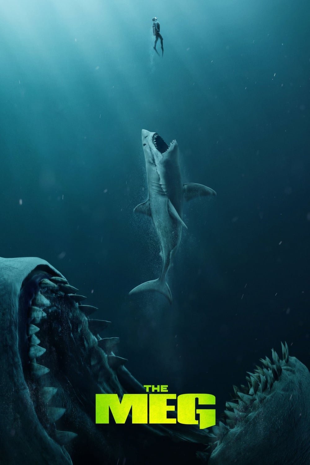 Movie poster for The Meg: a lone diver drifts near the surface as a giant shark ascends from dark depths, with enormous megalodon jaws looming below.