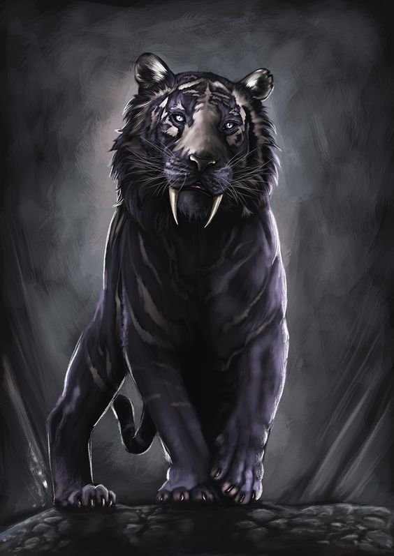 A fantasy animal: a shadowy black tiger with saber-like fangs and glowing blue eyes prowls forward through misty, moonlit darkness.