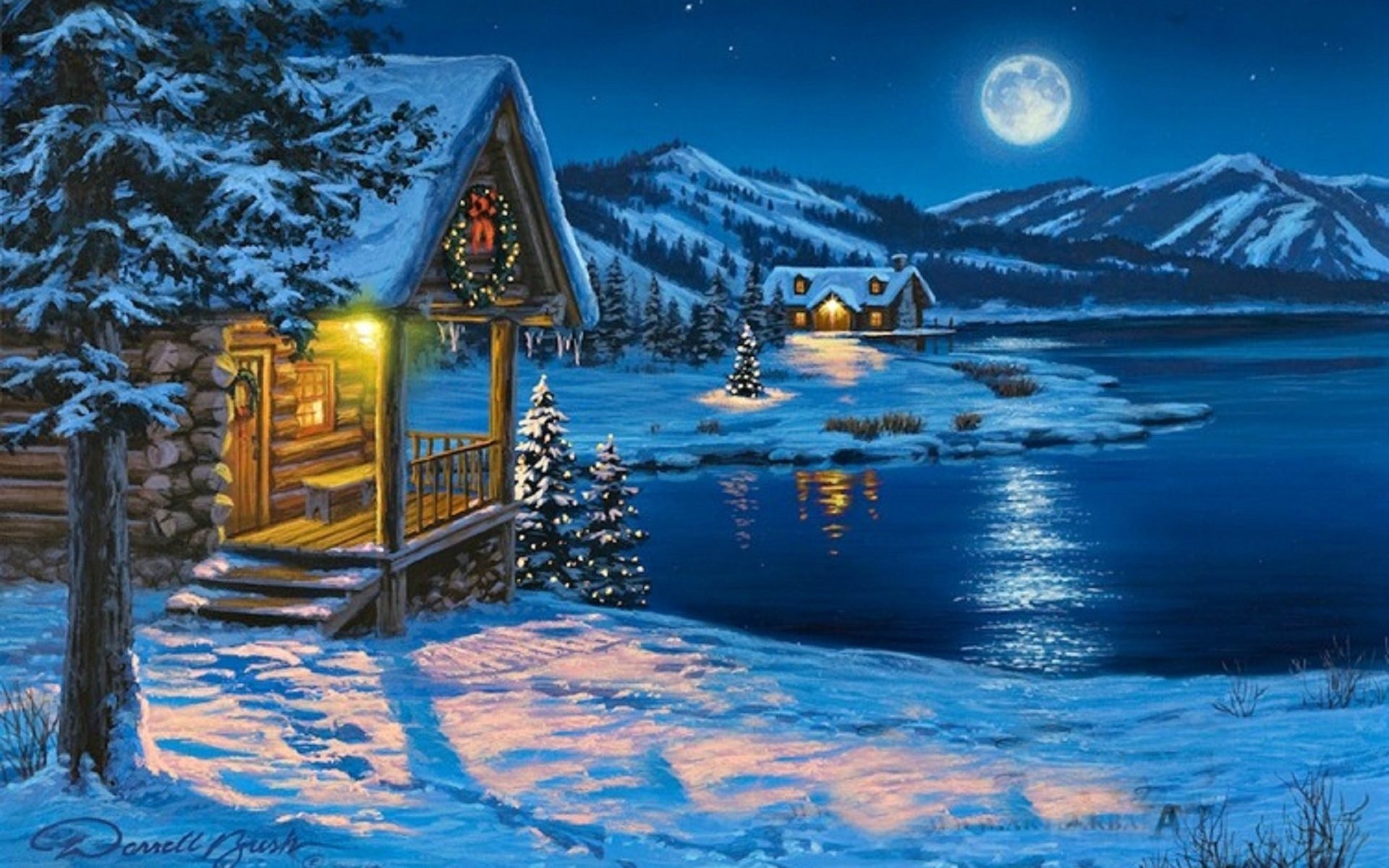 A snowy winter night with a glowing cabin nestled among trees, moonlight reflecting off a frozen lake, and snow-covered mountains under a clear sky.