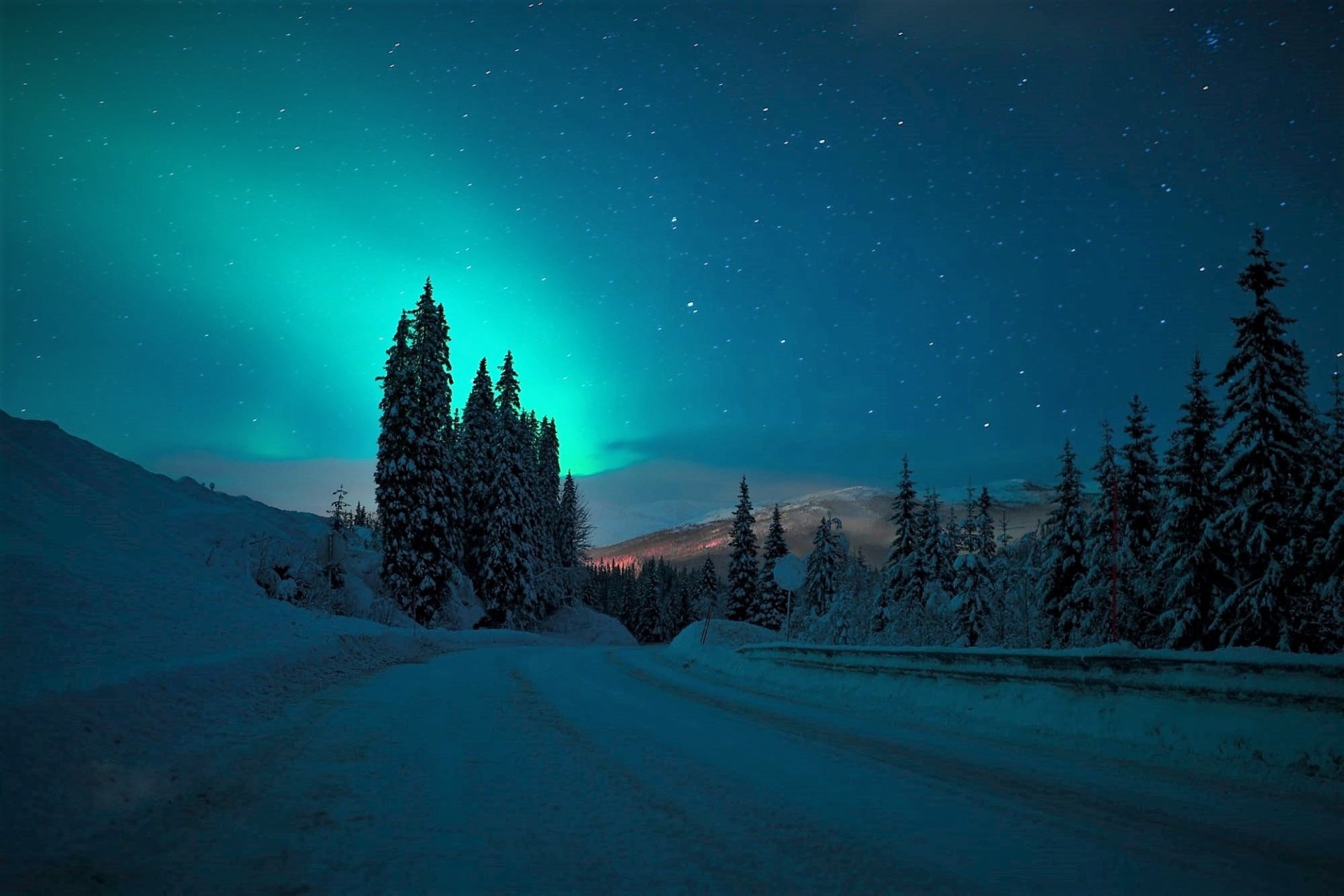 Aurora Borealis over Winter Road Image Abyss