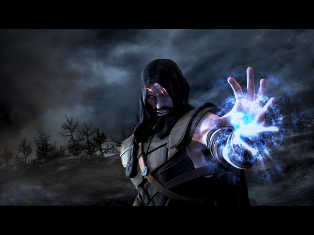 Neverwinter Nights 2 video game: hooded spellcaster reaches forward, conjuring crackling blue arcane energy from an outstretched hand against a stormy, desolate backdrop.