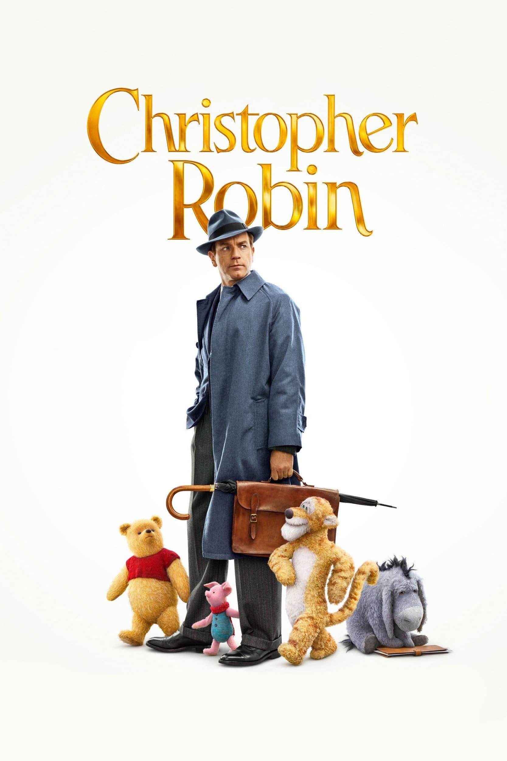 Promotional image for the movie Christopher Robin featuring a man in a coat and hat surrounded by animated Winnie the Pooh characters.