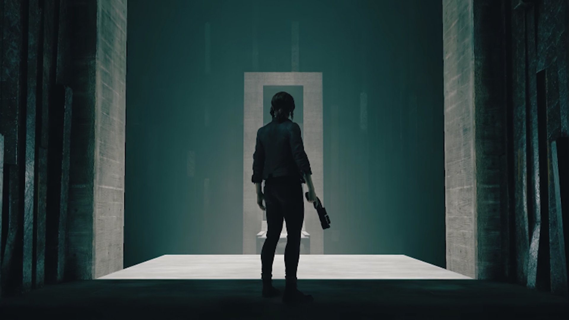Silhouetted figure from the video game Control stands before a glowing rectangular doorway in a dark, minimalist chamber, gripping a firearm.