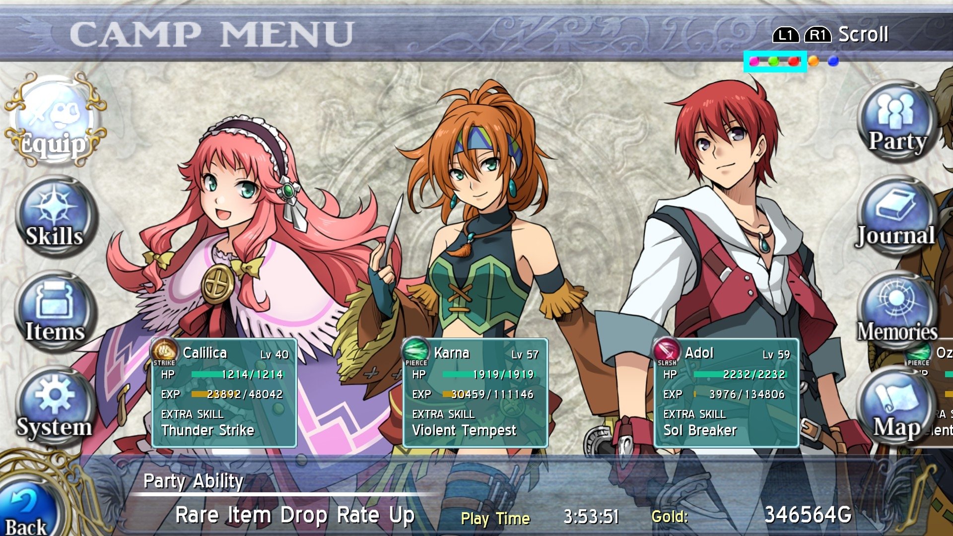 video game Ys: Memories of Celceta Anime RPG Game Menu Image
