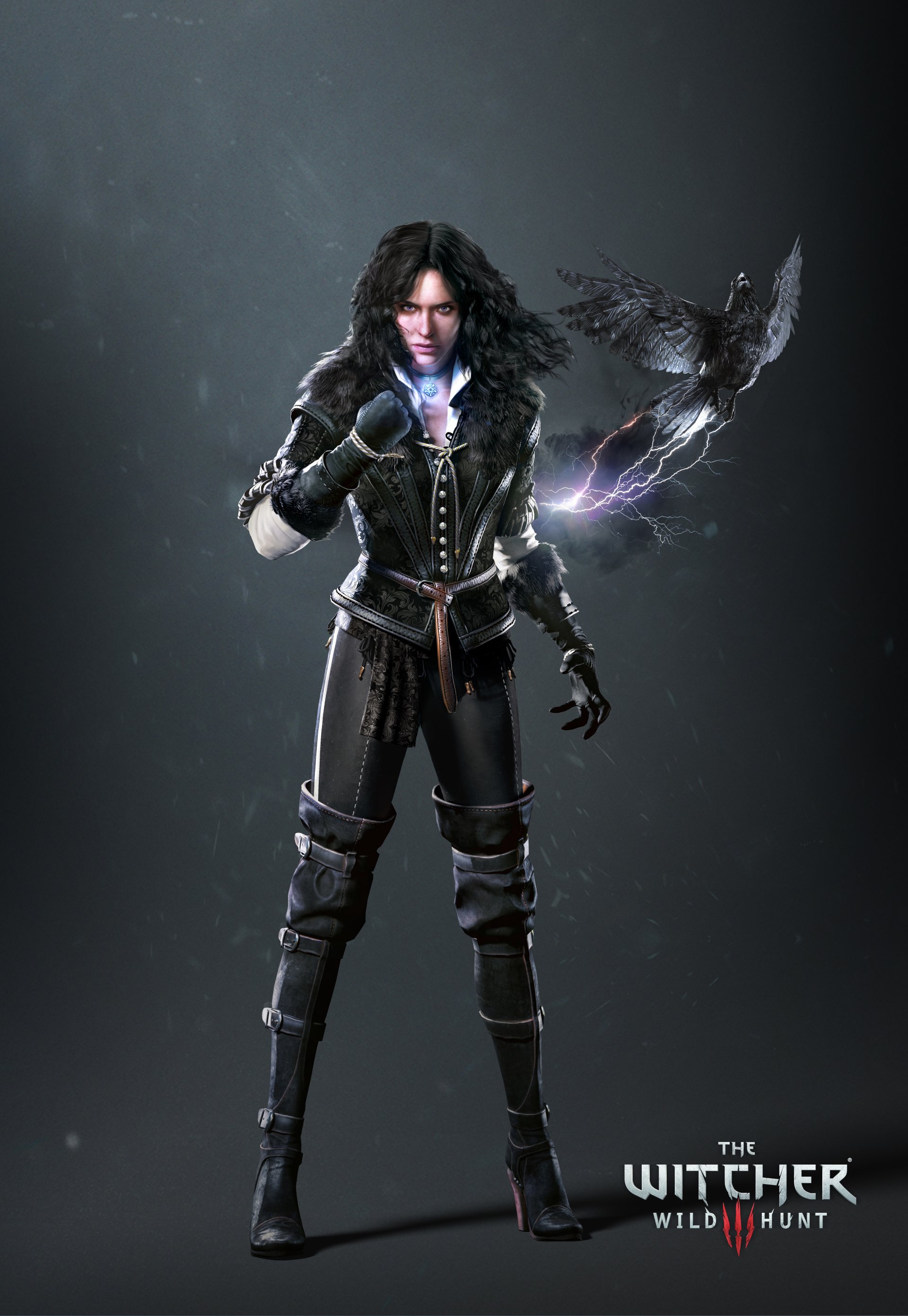 Yennefer of Vengerberg from the video game The Witcher 3: Wild Hunt, depicted in black attire with magical energy and a raven in a dark, dramatic setting.