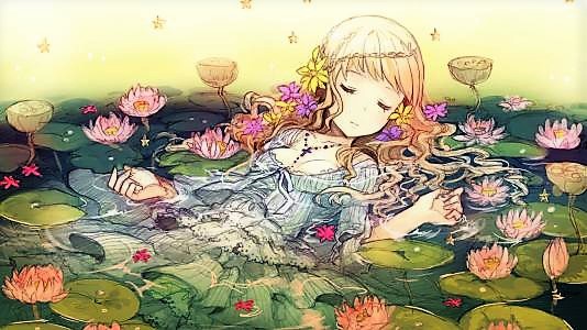 Anime Girl in Pond with Lotus Flowers and Waterlilies - Image Abyss