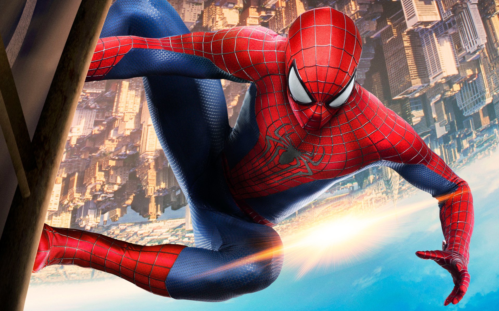 Spider-Man in an action pose from the movie The Amazing Spider-Man 2, showcasing his iconic suit as he swings through a cityscape, highlighting his agility and heroism.