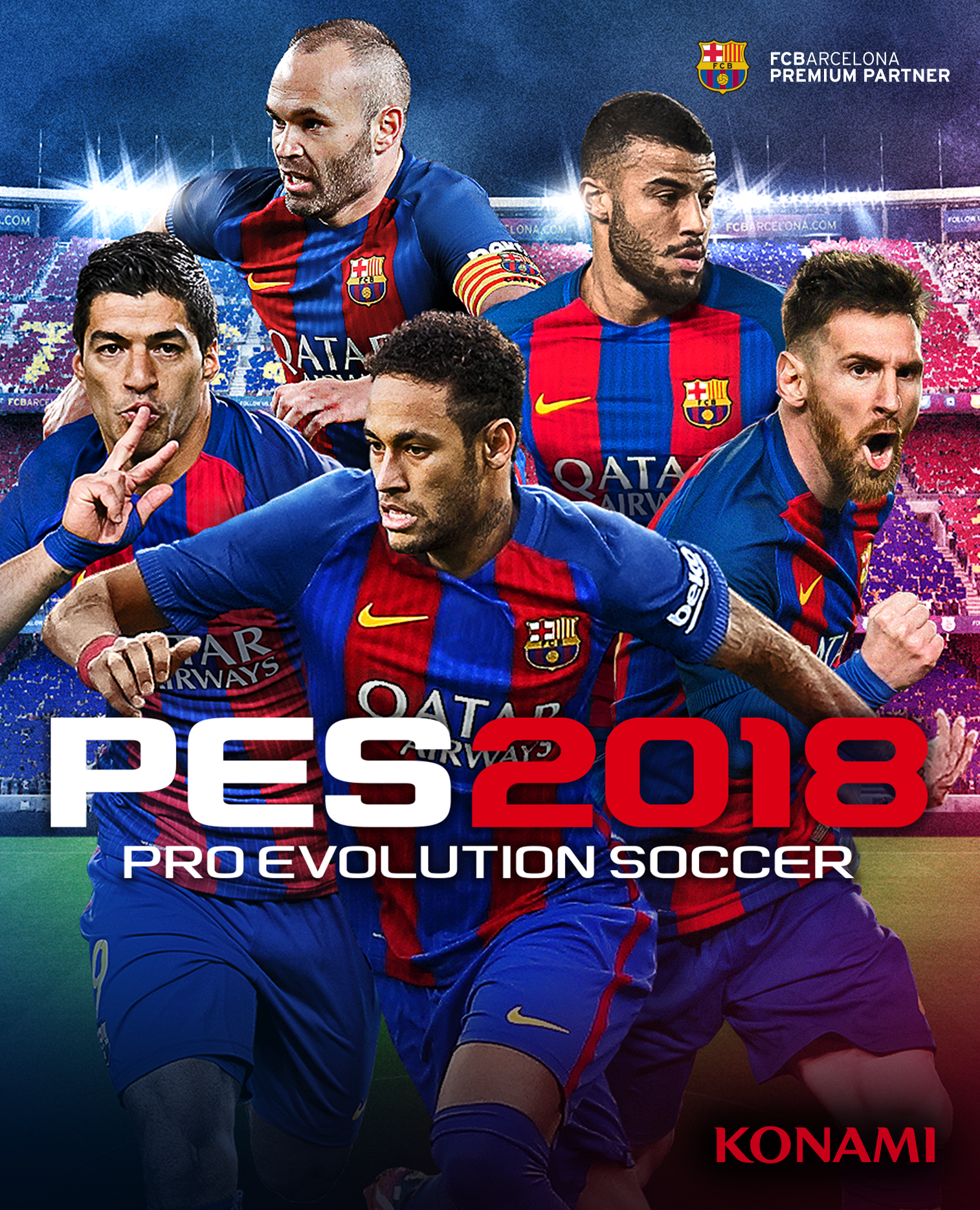 Cover art for the video game Pro Evolution Soccer 2018 (PES 2018) depicting five FC Barcelona footballers in action poses against a packed stadium backdrop.