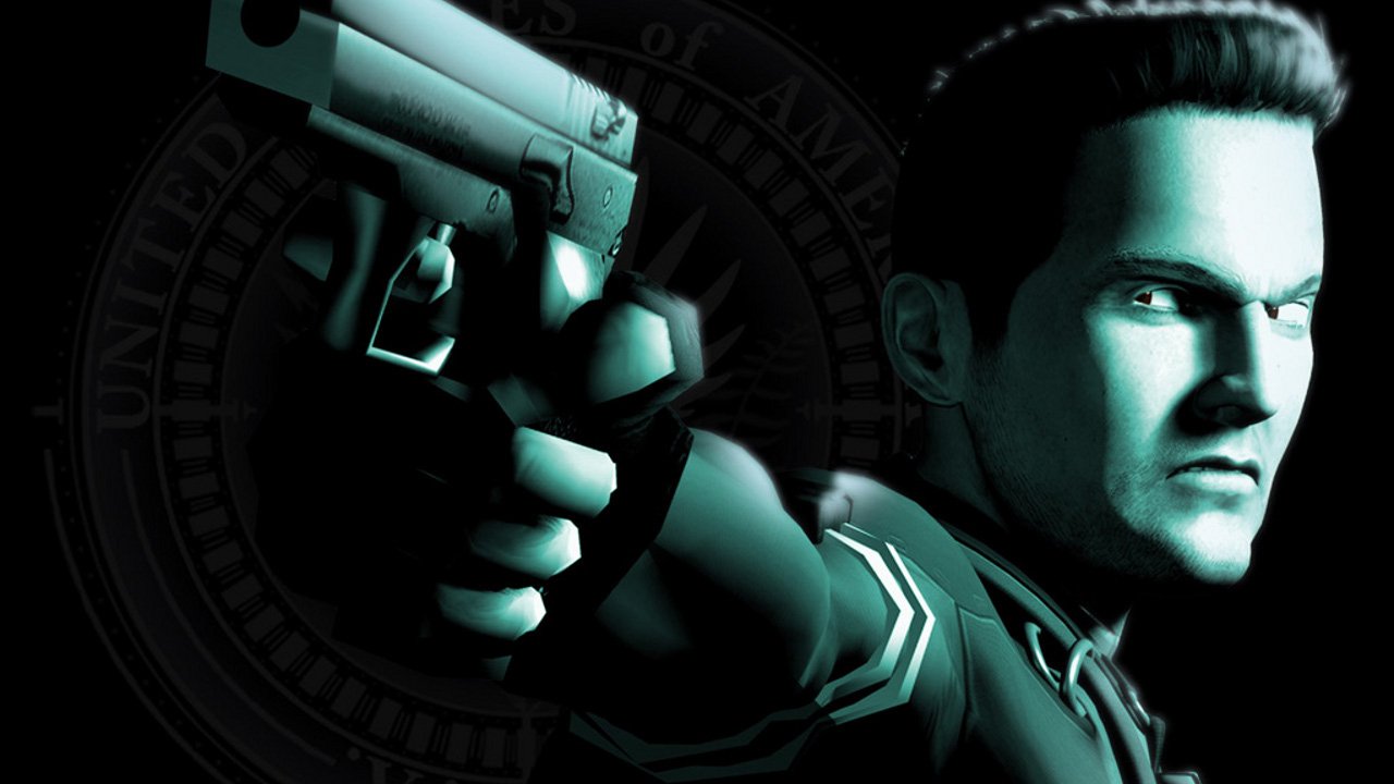 Video game Syphon Filter - Dark Mirror artwork: a stern agent lit in teal aims a pistol at the viewer with a faint agency seal behind him.