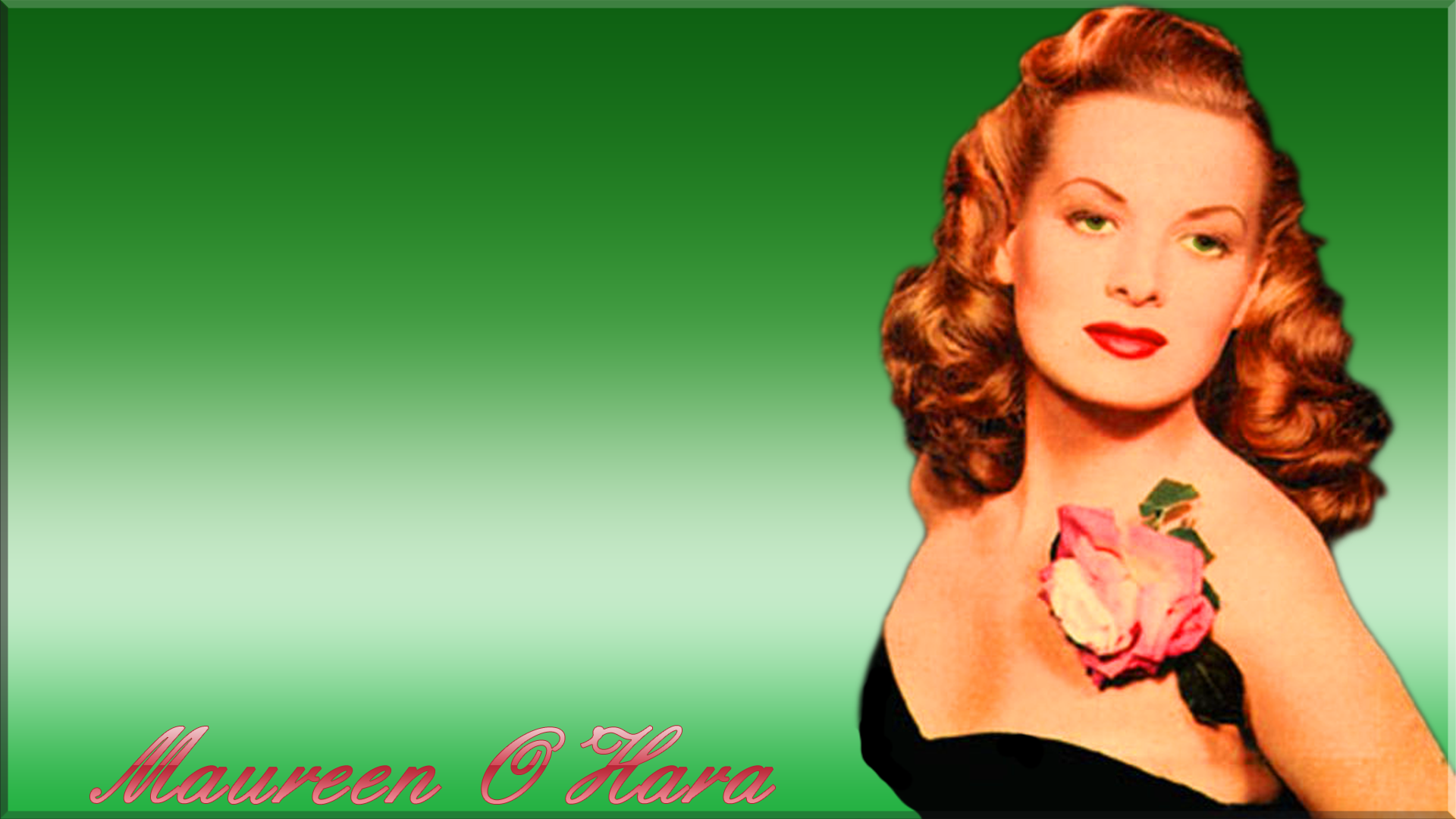 Vintage portrait of redhead actress Maureen O'Hara holding a pink rose against a green gradient background.
