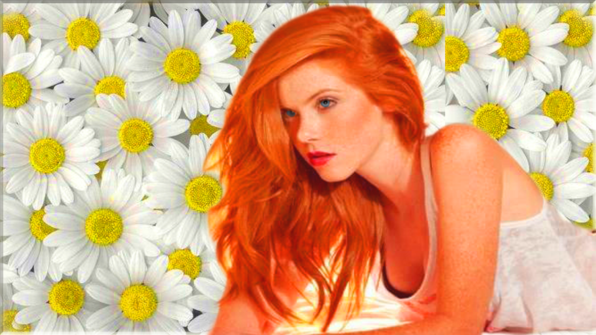 A woman with striking red hair poses amidst a vibrant background of white daisies, showcasing her beauty and the floral theme.