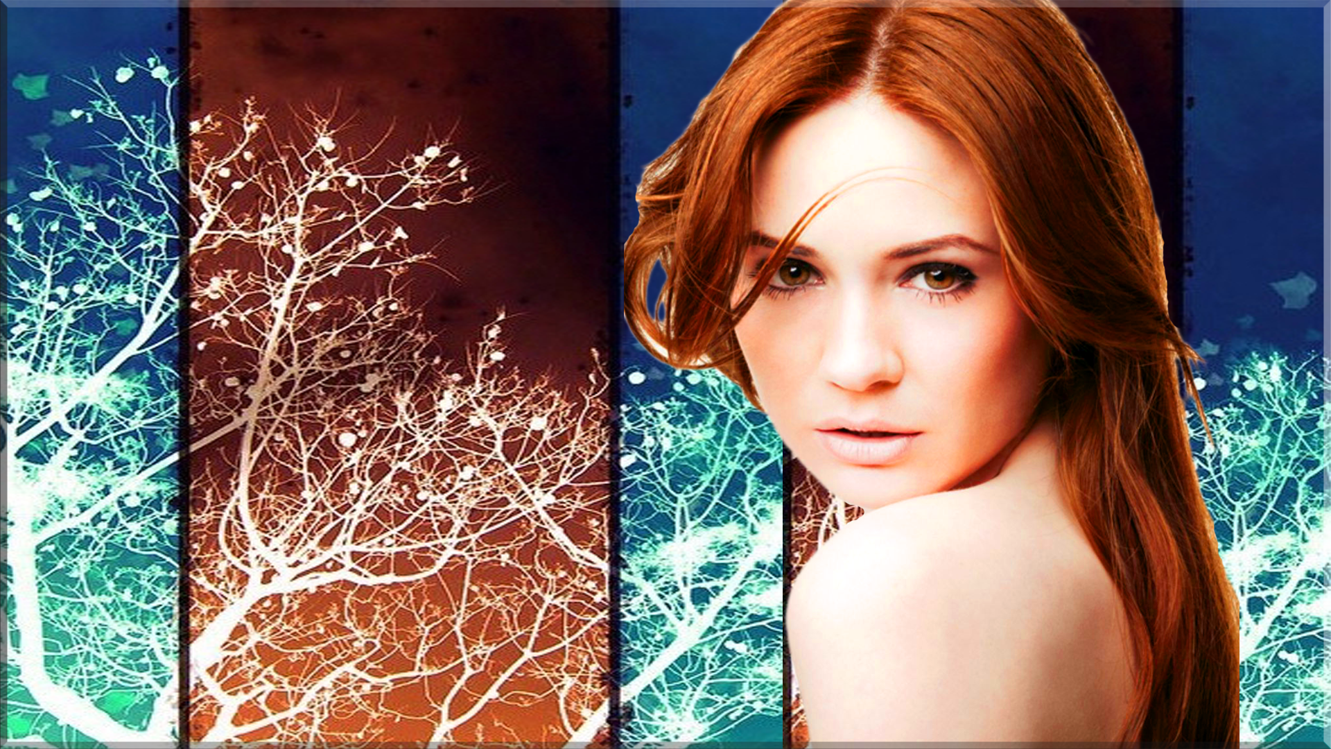 A close-up of redhead actress Karen Gillan, showcasing her striking features against a backdrop of artistically arranged trees in contrasting colors.