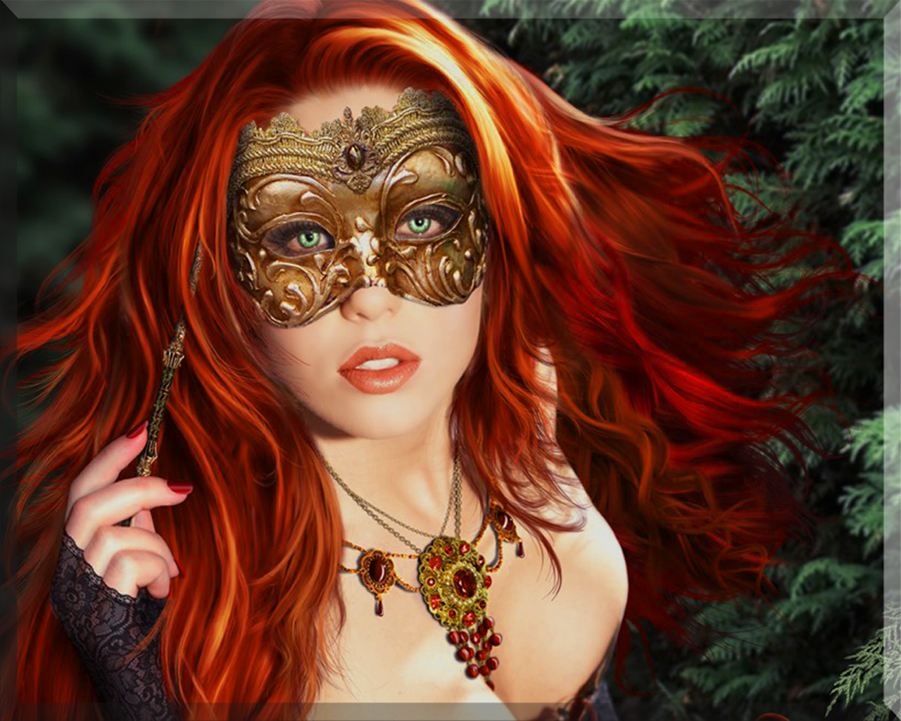 A fantasy-themed image of a woman with striking red hair, wearing an ornate mask and elegant jewelry, surrounded by lush greenery. Her mysterious gaze captivates the viewer.