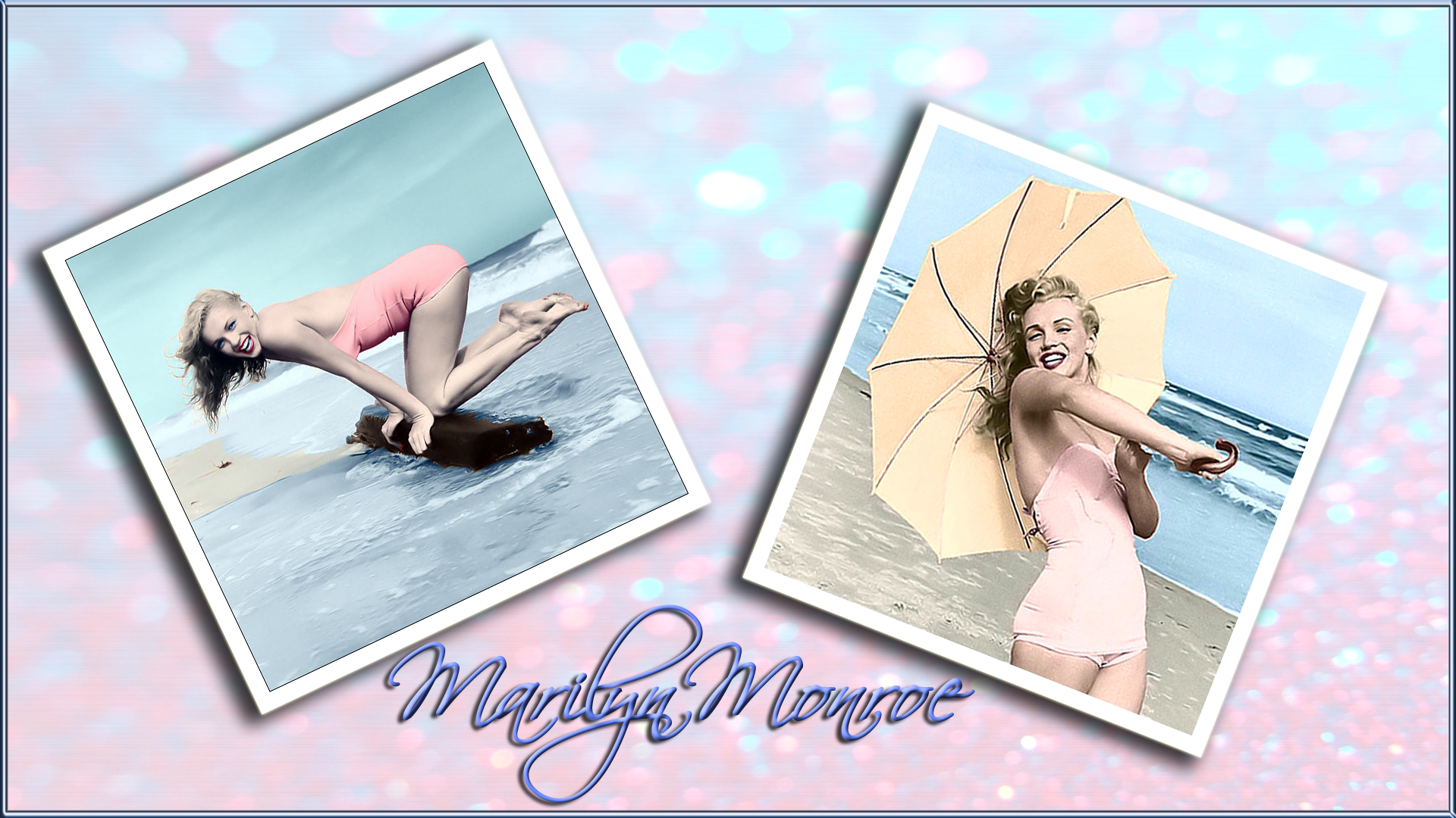 A vibrant collage features blonde celebrity Marilyn Monroe in playful beach scenes, one with an umbrella and the other in a swimsuit, exuding classic charm and joy.