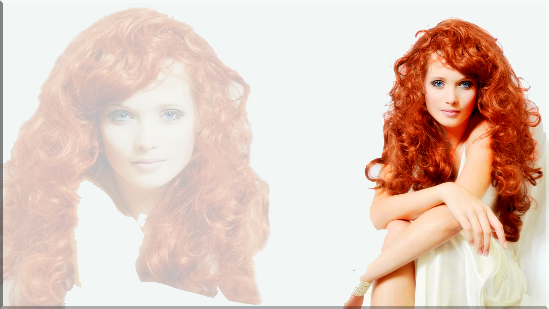 A redhead woman poses confidently as a model, showcasing her vibrant curls and striking features in a soft, dreamy setting.