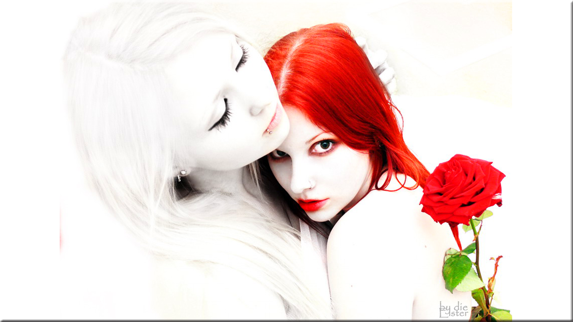 A gothic fantasy scene featuring two women, one with striking red hair and the other with white hair, tenderly embracing a vibrant red rose.