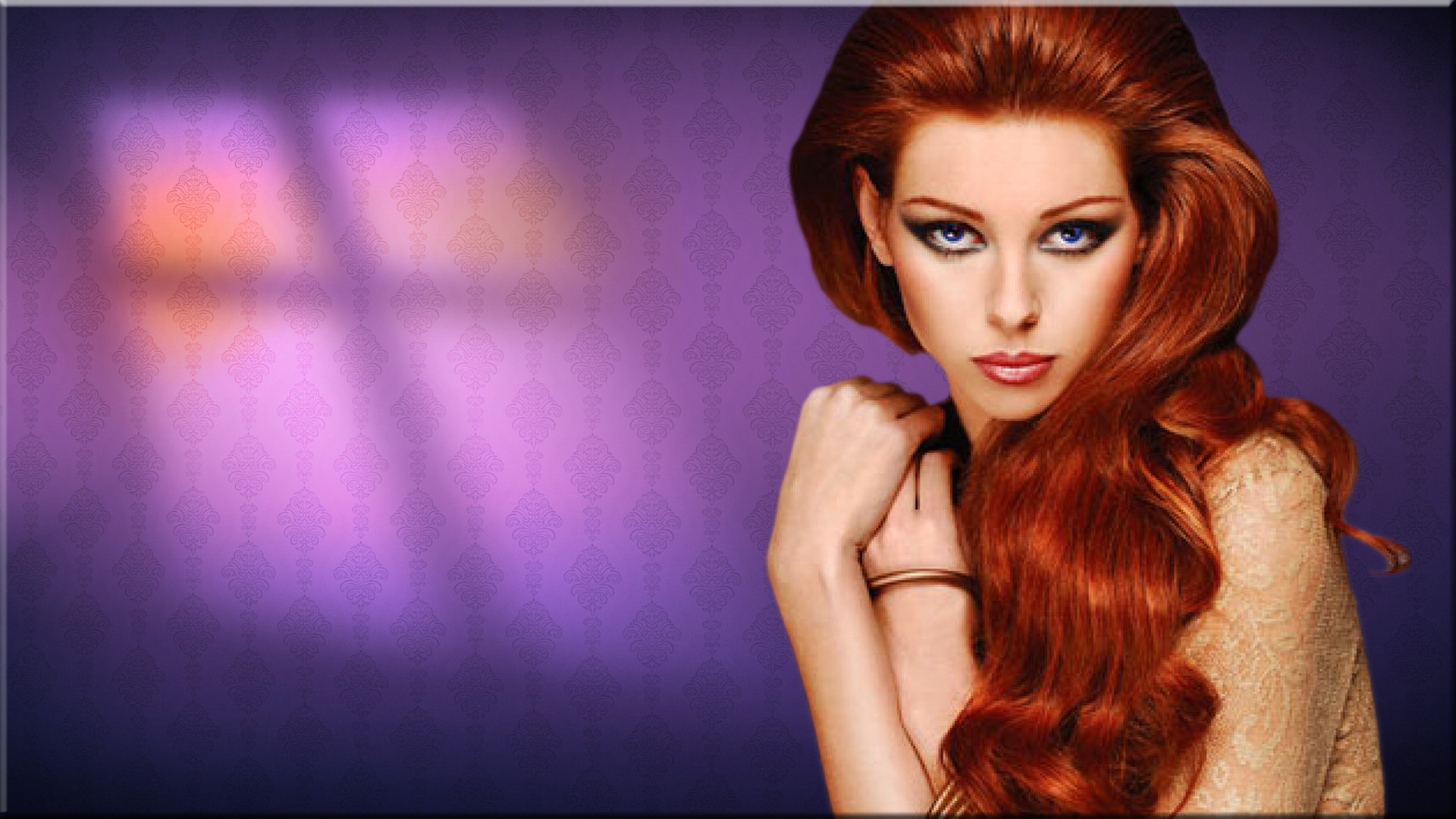 A striking redhead woman poses elegantly, showcasing her glossy, long hair and captivating blue eyes against a soft purple background.