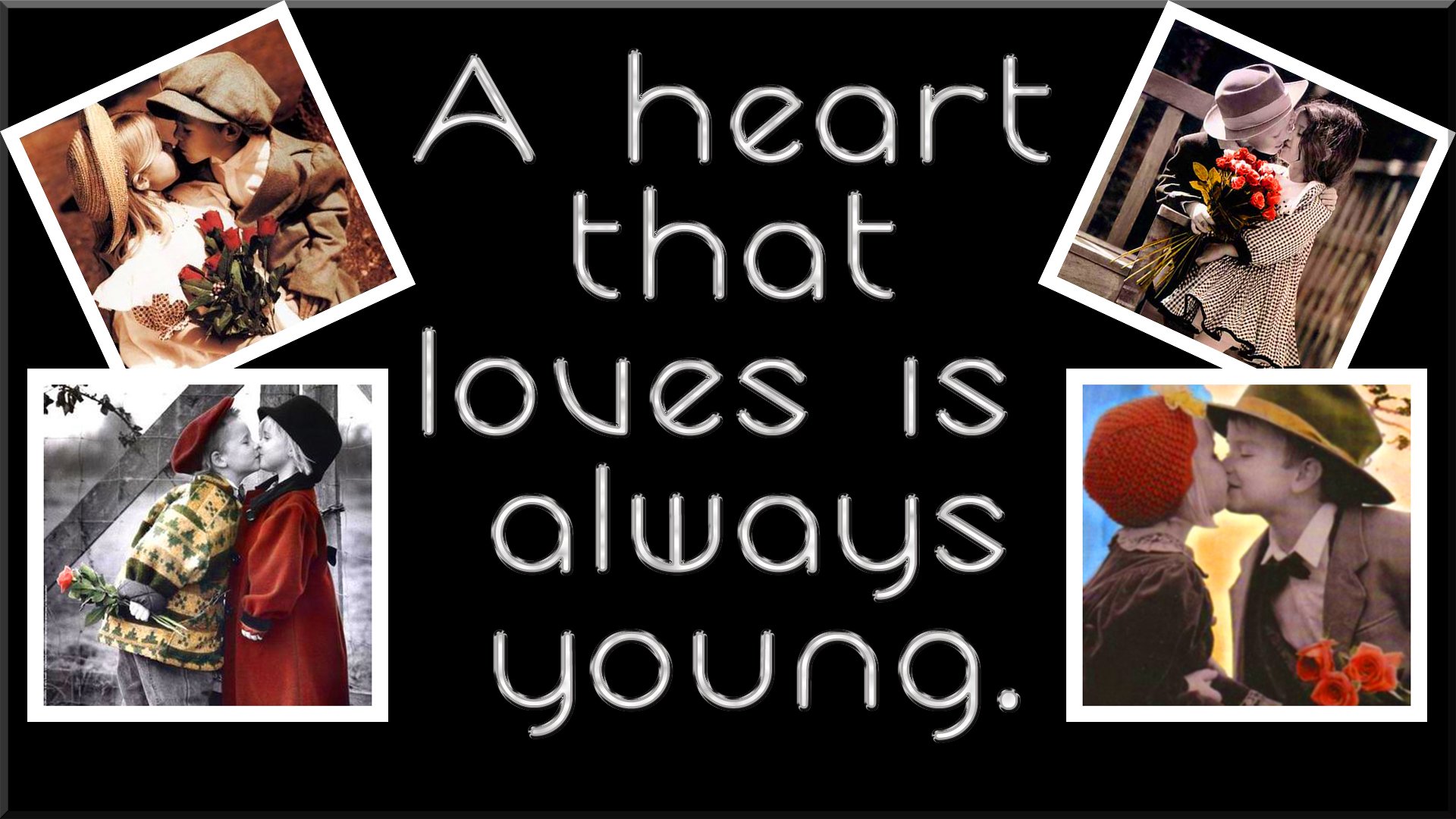 Photography collage: black poster with white hand-lettered quote A heart that loves is always young. framed by four vintage-style photos of couples and children.