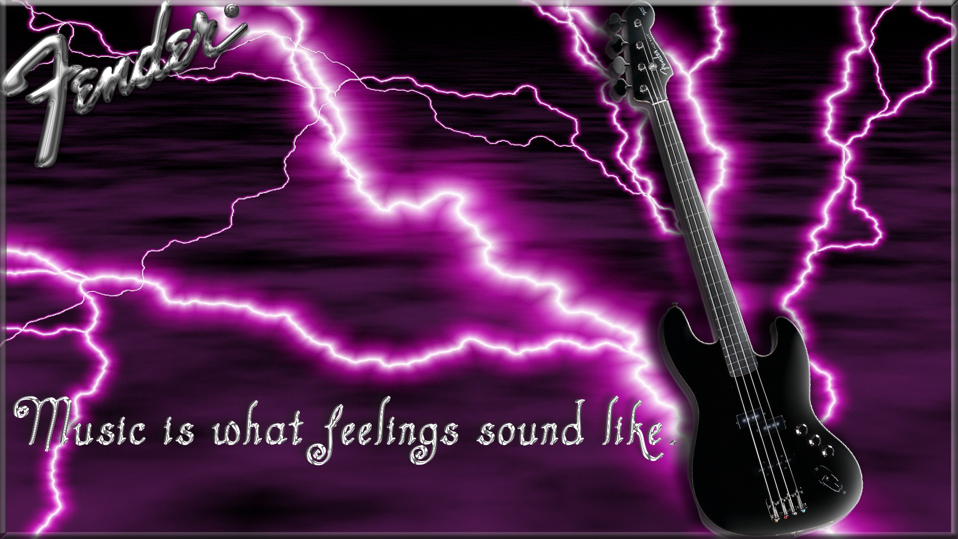 A striking image featuring a guitar surrounded by vibrant purple lightning. The text reads, Music is what feelings sound like, emphasizing the power of music and instruments.
