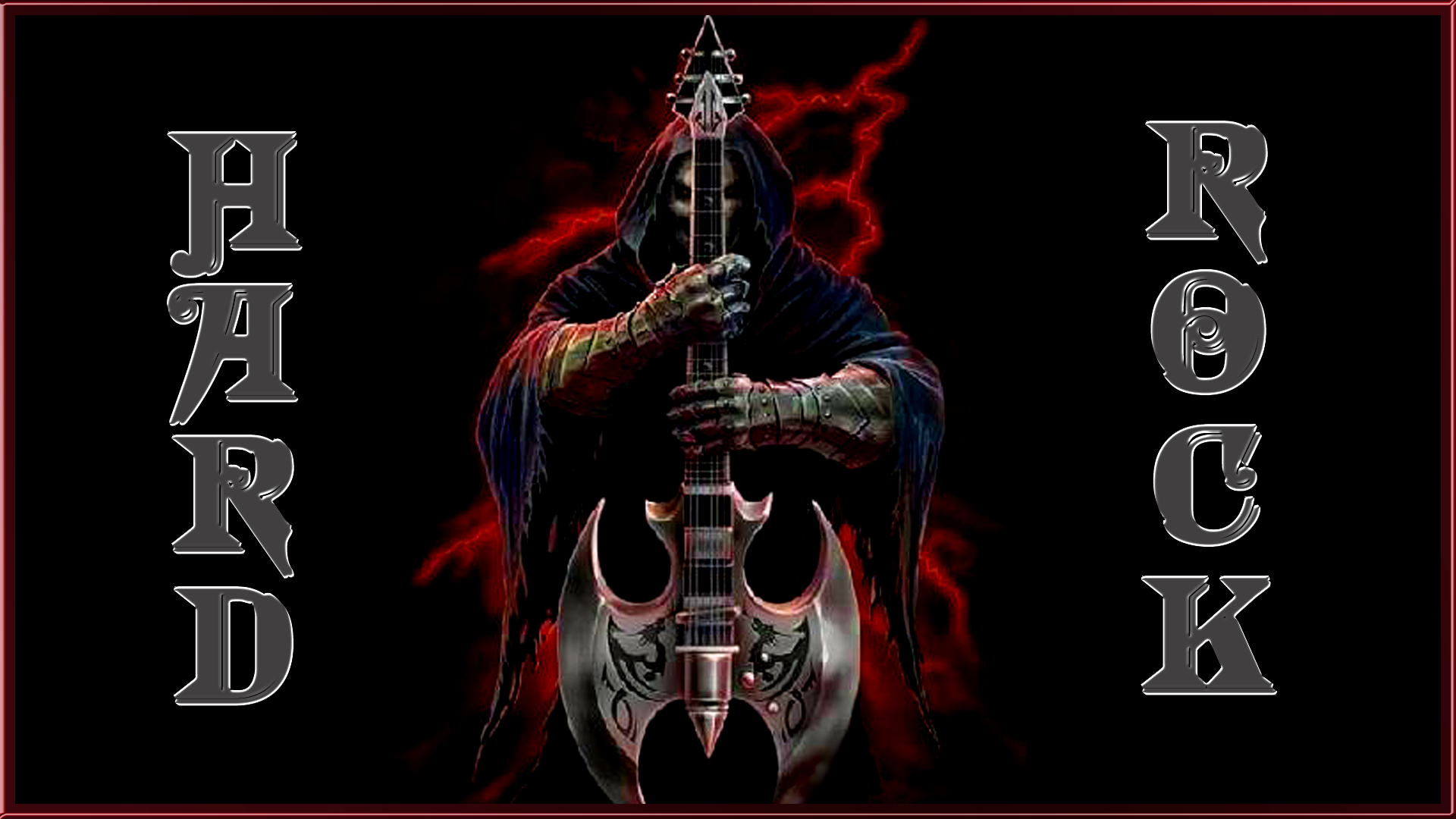 A dark, intense image of a hooded figure holding a spiked guitar, with red lightning in the background and the words HARD ROCK on either side.