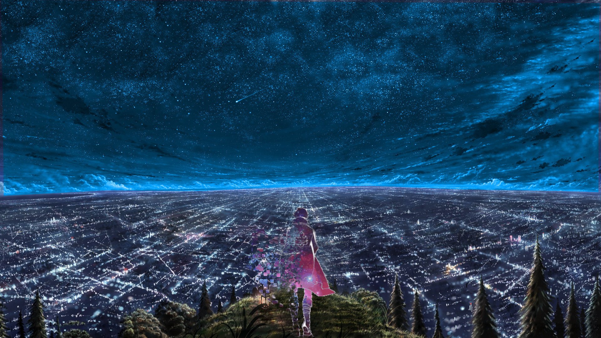 An anime character stands on a hill overlooking a sprawling, illuminated anime cityscape beneath a vast, starry night sky.