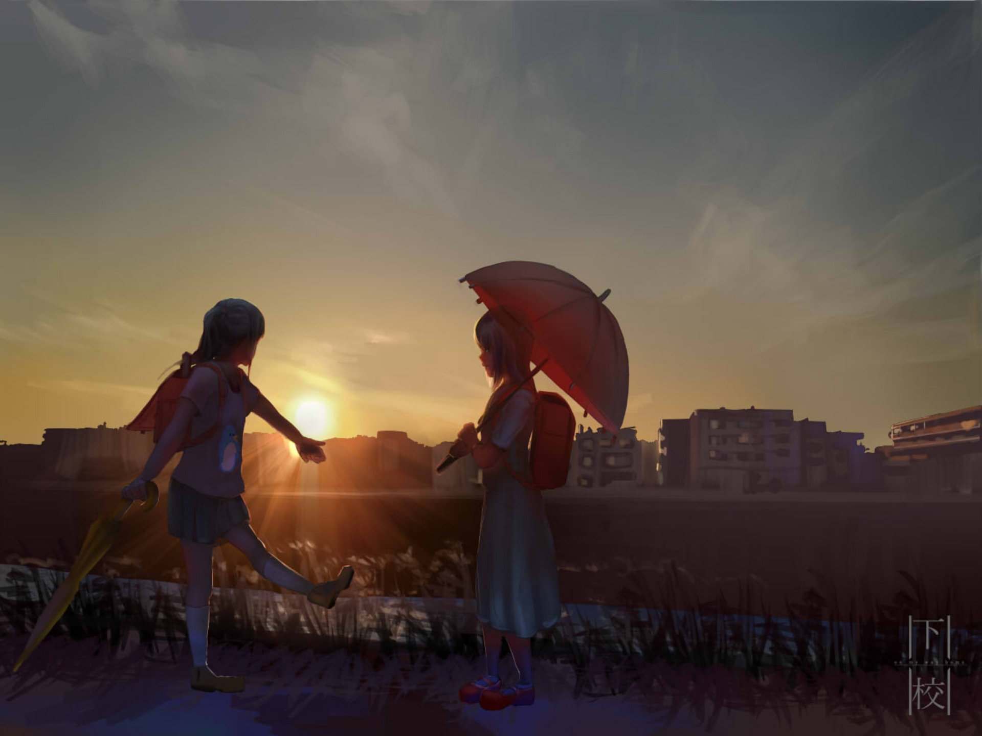 Anime-style sunset by city buildings: an anime couple on a rooftop, one holding a red umbrella while the other playfully reaches toward the glowing sun.