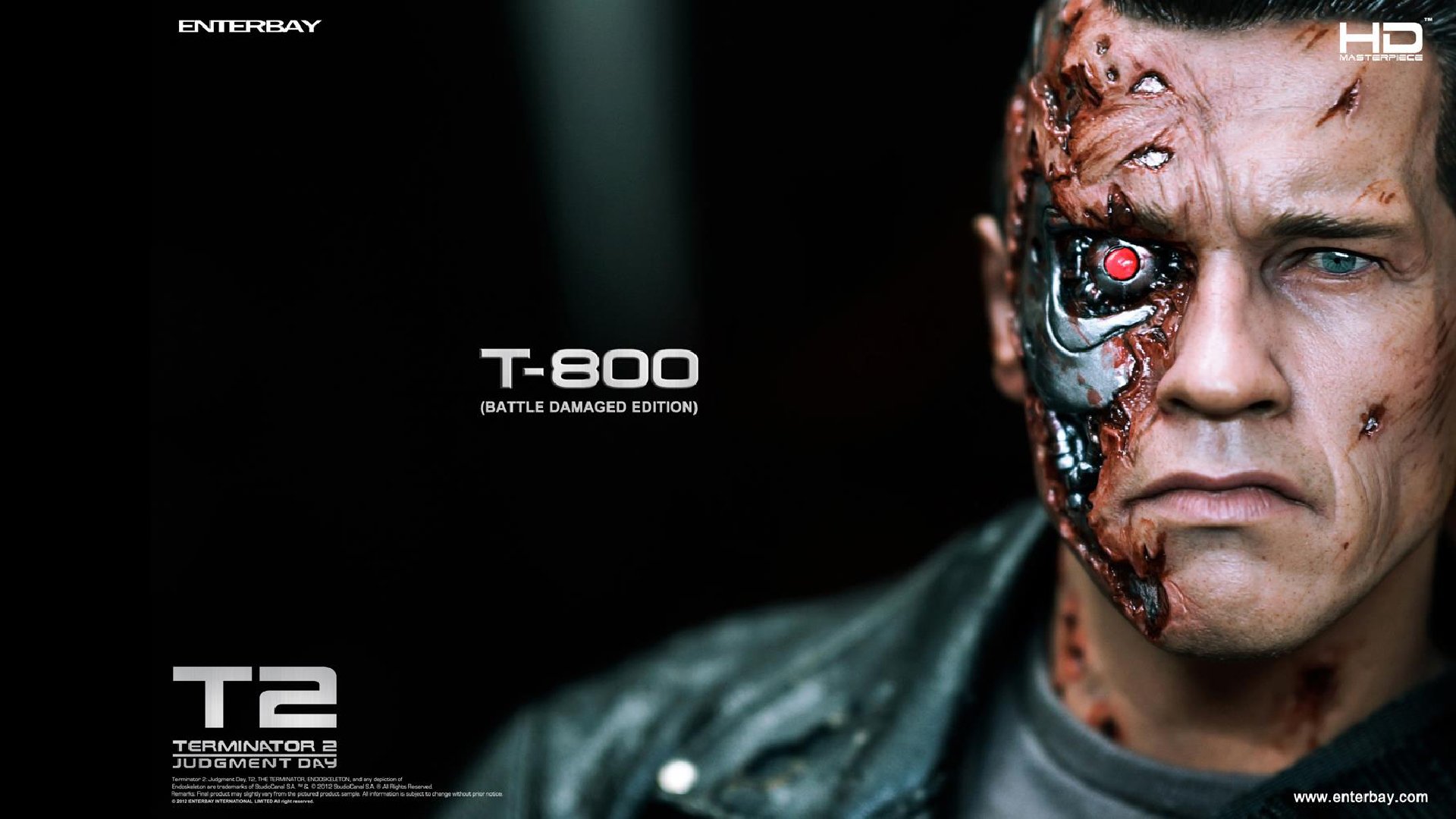 A close-up of the T-800, portrayed by Arnold Schwarzenegger, showcasing detailed facial damage, from the iconic movie Terminator 2: Judgment Day.