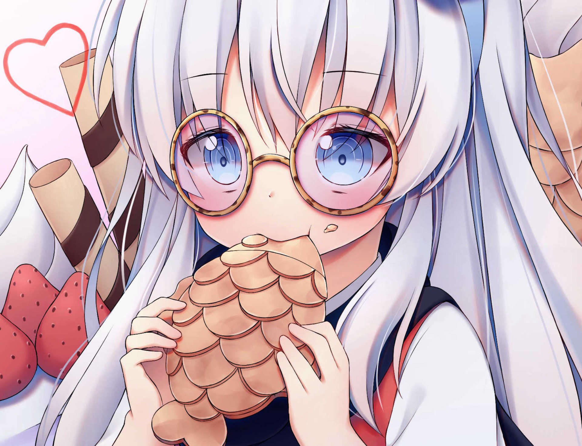 Anime girl with long white hair, bright blue eyes and round glasses nibbling a fish-shaped taiyaki, soft pastel background.