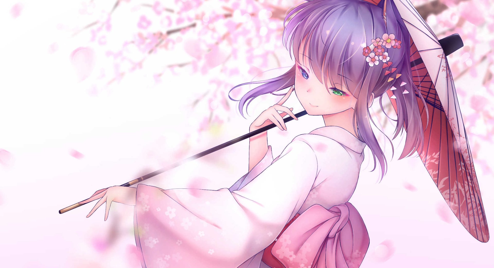 A purple-haired character from Final Fantasy XIV with heterochromia, wearing a pink kimono and holding an umbrella, surrounded by falling sakura petals.