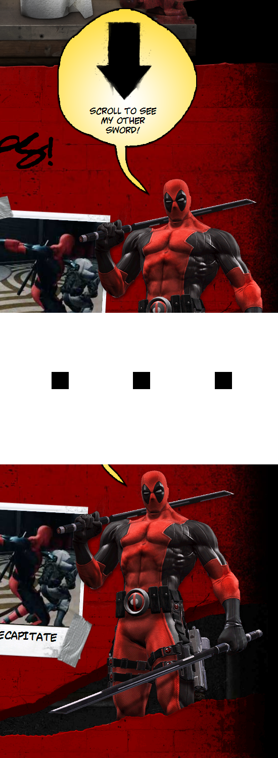 Comic-style image of Deadpool action figure holding two swords with a humorous speech bubble saying, Scroll to see my other sword! against a red and black superhero-themed background.