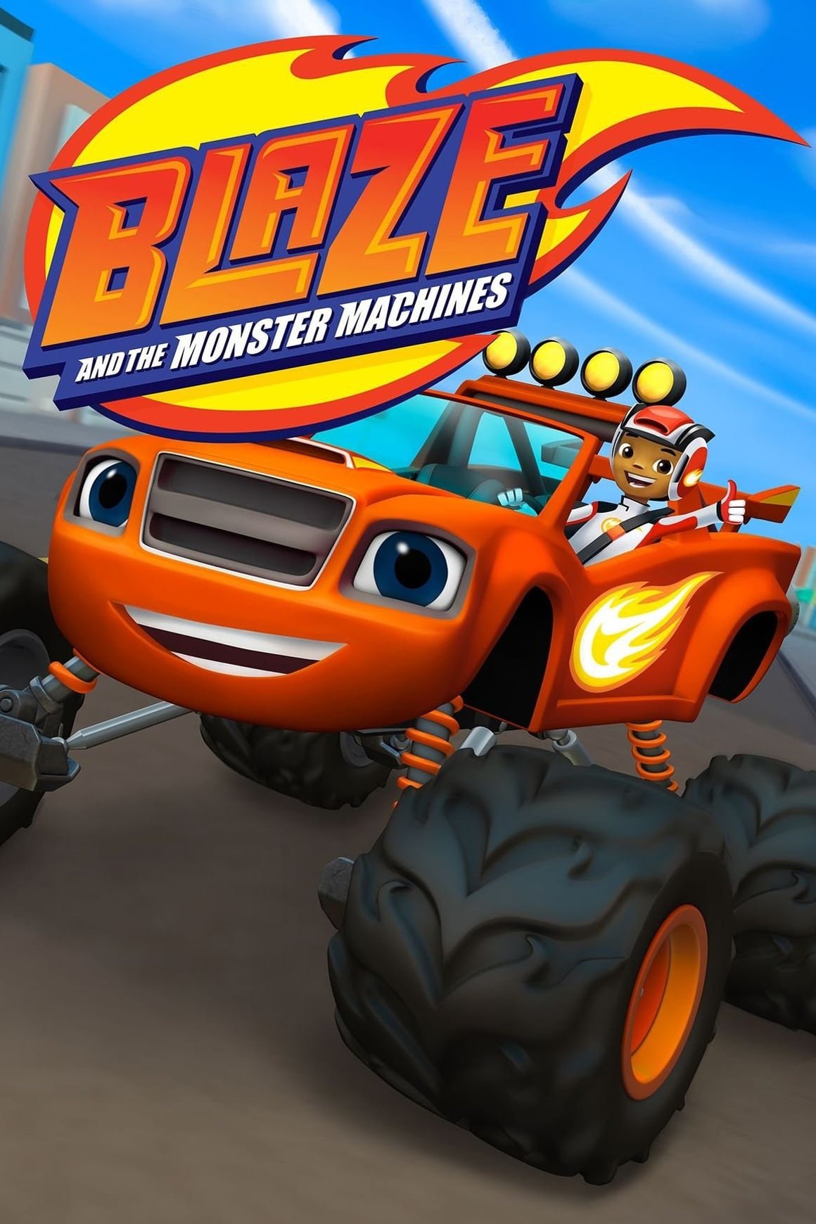 TV show Blaze and the Monster Machines poster: smiling red monster truck Blaze racing forward with driver AJ waving from the cab.