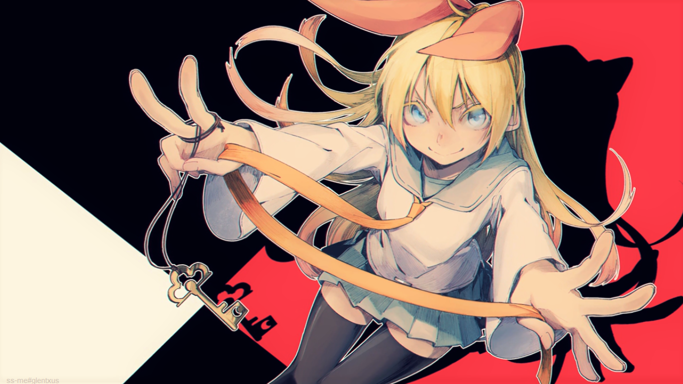 Chitoge Kirisaki from the Nisekoi anime reaches forward with a ribboned key, blonde hair and bow, blue eyes, sailor-style outfit against a red-black backdrop.