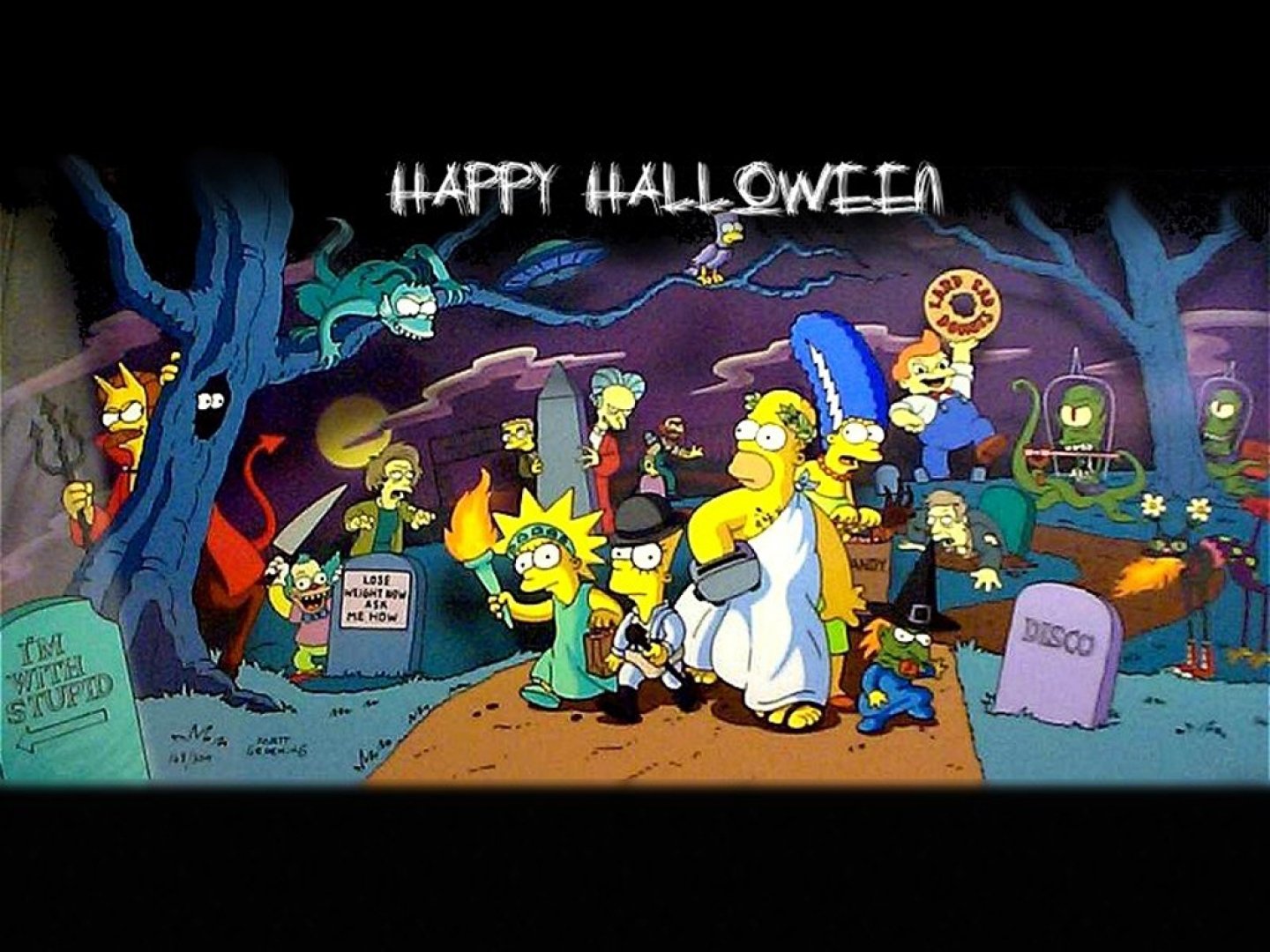 The Simpsons family, including Homer, Marge, Bart, Lisa, Maggie, and Ned Flanders, dressed in Halloween costumes in a spooky, graveyard-themed scene.