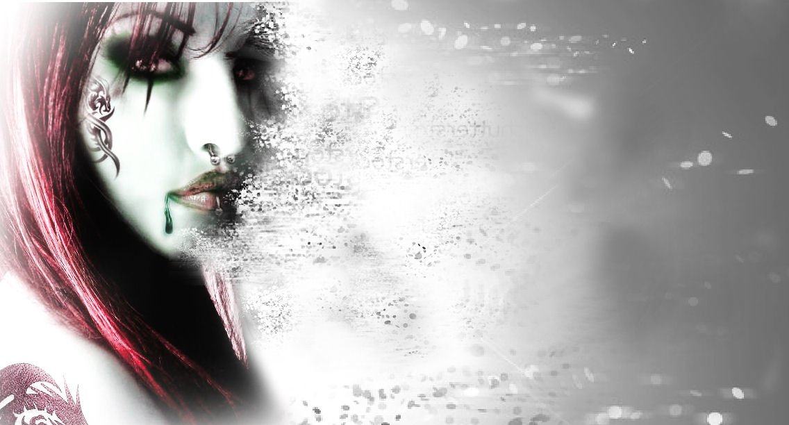 A fantasy-themed tattoo design featuring a mysterious woman with flowing red hair dissolving into abstract particles against a soft gray background.