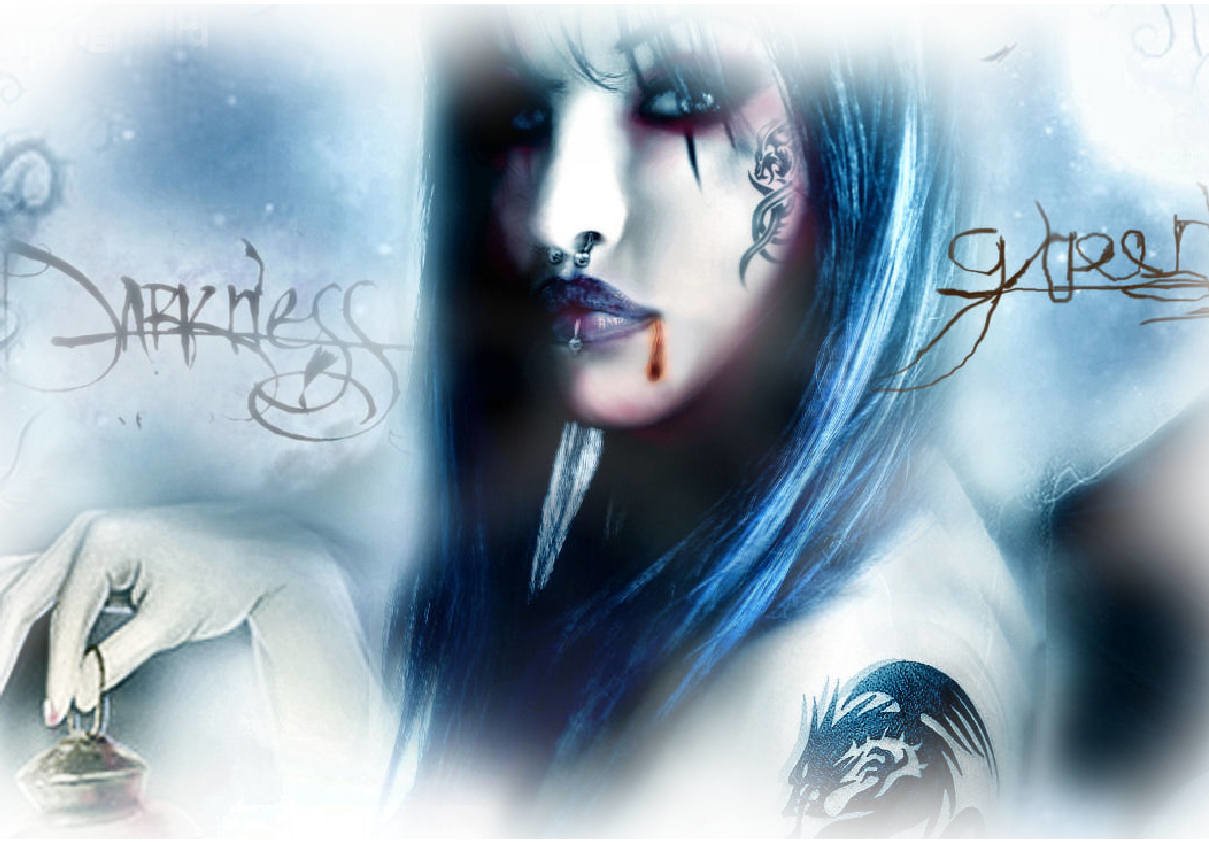 A gothic-themed image featuring a dark blue-haired woman, with striking makeup and a haunting expression, evoking an atmosphere of darkness and mystery.