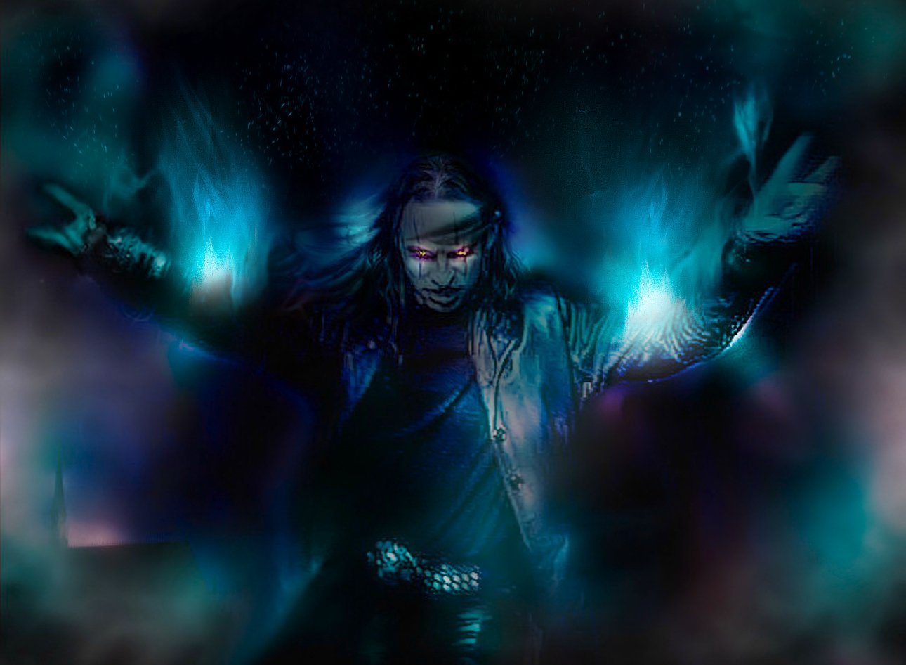 A dark sorcerer with glowing blue energy emanating from his hands, casting an intense and mysterious aura in a shadowy environment.