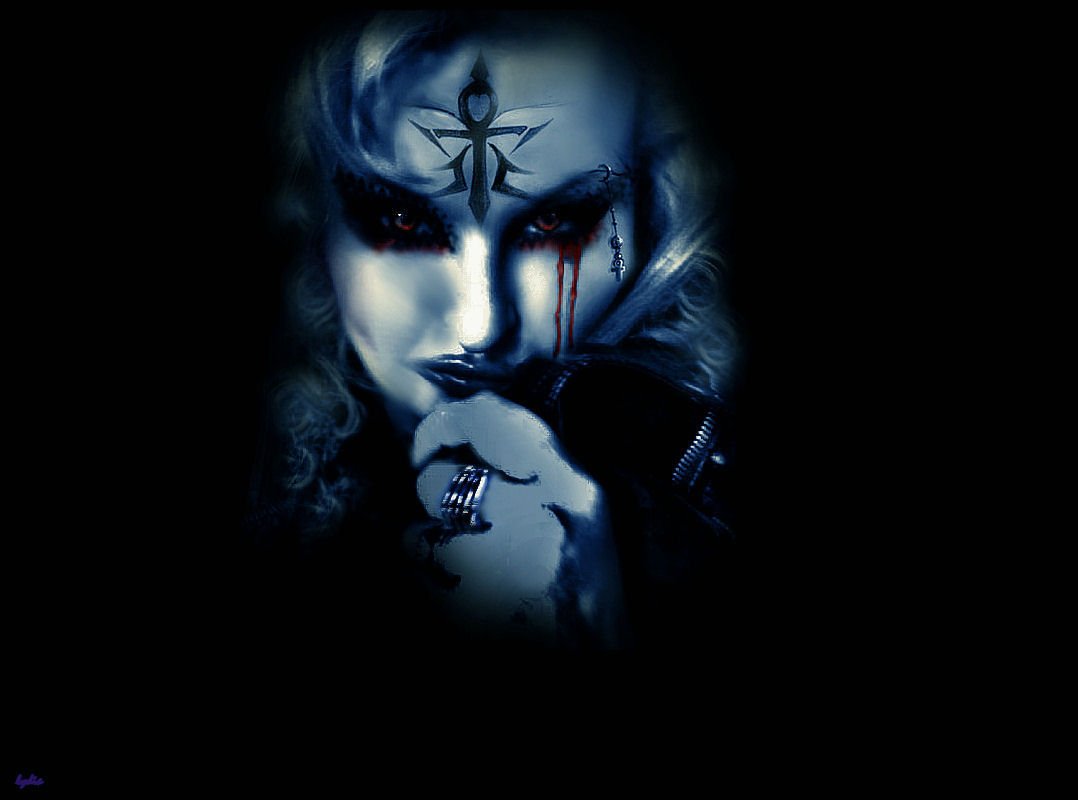 A gothic figure emerges from darkness, featuring blood-red tears and striking symbols, evoking an emotional and haunting atmosphere.