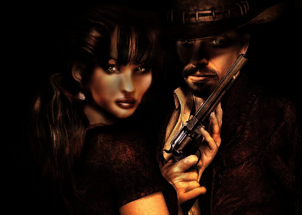 Two black-clad characters from the video game Desperados 2: Cooper's Revenge — a woman with green eyes and dark hair beside a gun-wielding man in a black hat.