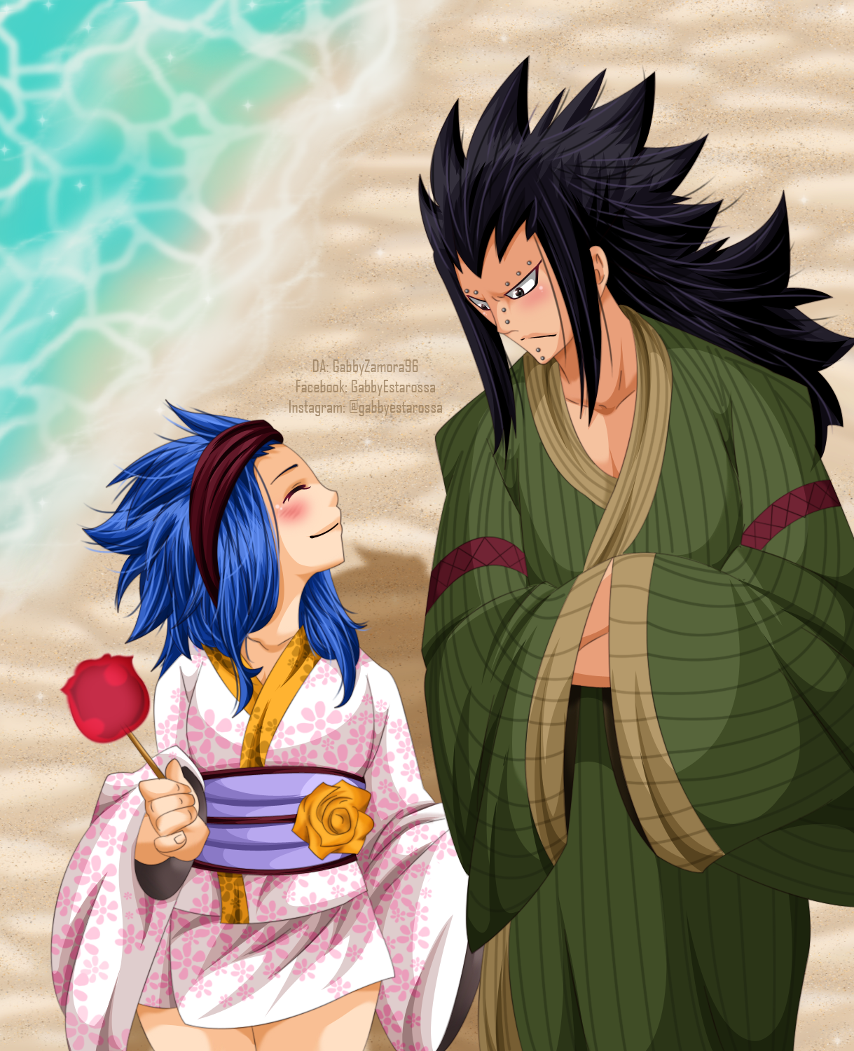 beach kimono couple Gajeel Redfox Levy McGarden Anime Fairy Tail anime couple Anime beach Image